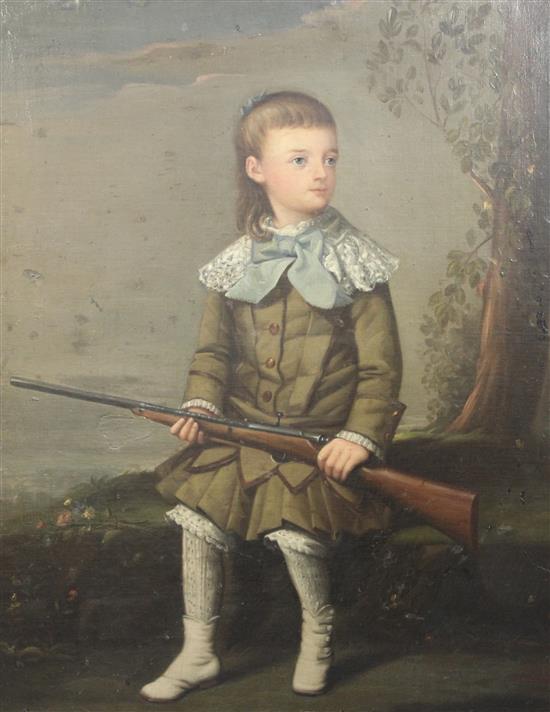 19th century French School Portrait of a boy holding a rifle, seated in a landscape 36 x 29in.